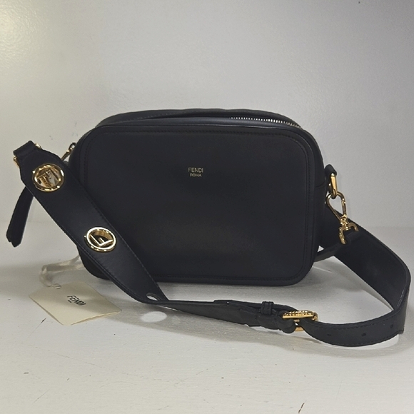 Fendi Handbags - Fendi Vitello Century F Black Leather Camera Crossbody Bag
